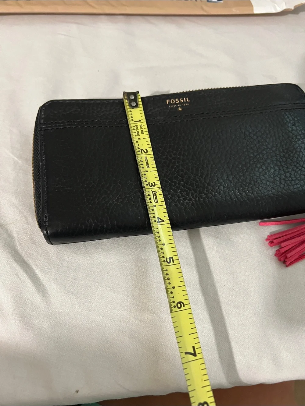 Fossil Black Leather Wristlet Wallet with Pink Tassel Charm